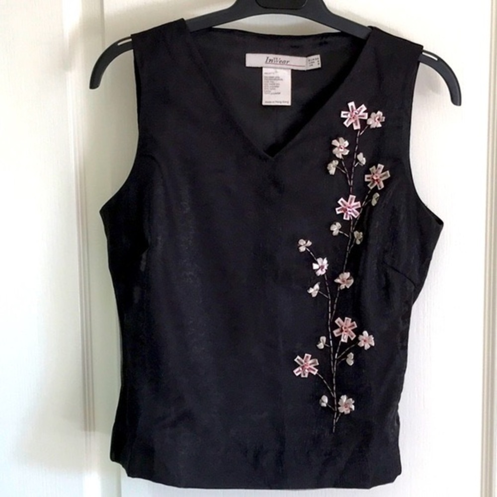 InWear Dressy Black Sleeveless Top with Embossed Flower Beading, Size 4